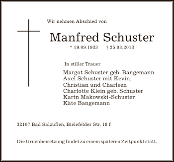 Traueranzeige von Manfred Schuster von Deister- und Weserzeitung