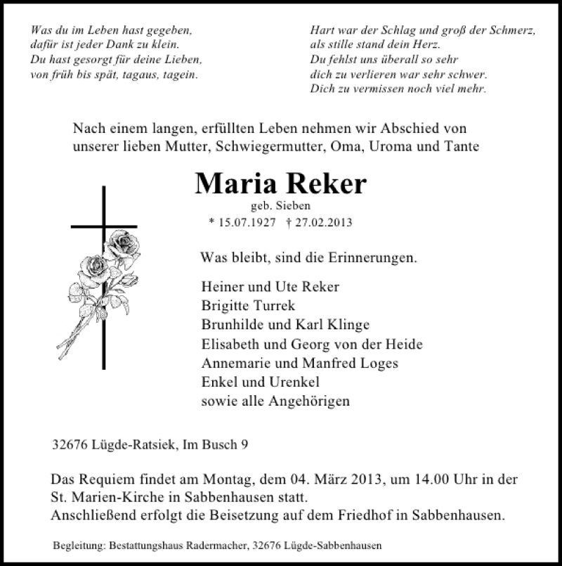  Traueranzeige für Maria Reker vom 02.03.2013 aus Deister- und Weserzeitung