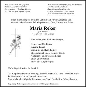 Traueranzeige von Maria Reker von Deister- und Weserzeitung