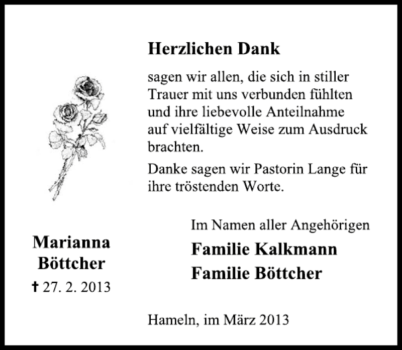  Traueranzeige für Marianna Böttcher vom 23.03.2013 aus Deister- und Weserzeitung