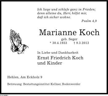 Traueranzeige von Marianne Koch von Deister- und Weserzeitung