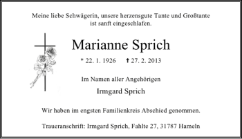Traueranzeige von Marianne Sprich von Deister- und Weserzeitung