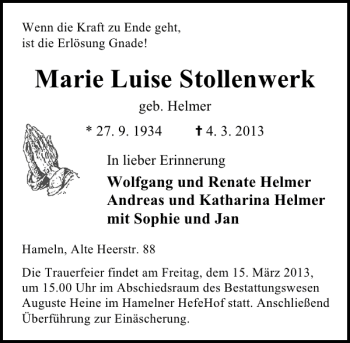 Traueranzeige von Marie Luise Stollenwerk von Deister- und Weserzeitung