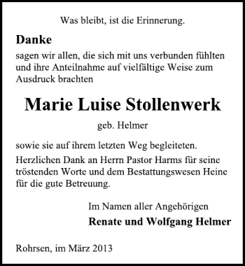 Traueranzeige von Marie Luise Stollenwerk von Deister- und Weserzeitung