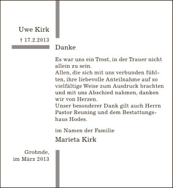 Traueranzeige von Marieta Kirk Uwe Kirk von Deister- und Weserzeitung