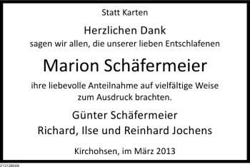 Traueranzeige von Marion Schäfermeier von Deister- und Weserzeitung
