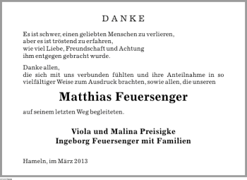 Traueranzeige von Matthias Feuersenger von Deister- und Weserzeitung