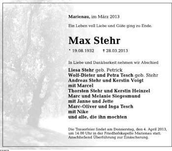 Traueranzeige von Max Stehr von Deister- und Weserzeitung