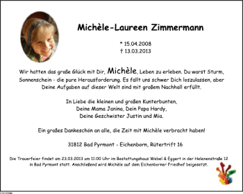 Traueranzeige von Michèle-Laureen Zimmermann von Deister- und Weserzeitung