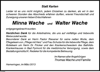 Traueranzeige von Minna u. Walter Wache von Deister- und Weserzeitung