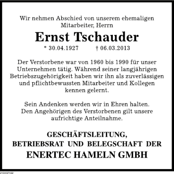 Traueranzeige von Nachruf Ernst Tschauder von Deister- und Weserzeitung