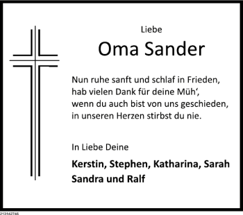 Traueranzeige von Oma Sander von Deister- und Weserzeitung
