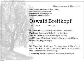 Traueranzeige von Oswald Breitkopf von Deister- und Weserzeitung
