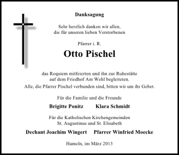 Traueranzeige von Otto Pischel von Deister- und Weserzeitung