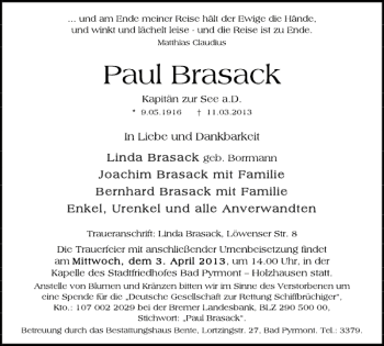 Traueranzeige von Paul Brasack von Deister- und Weserzeitung