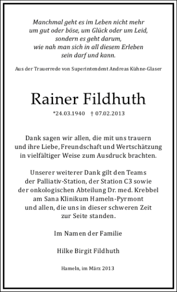 Traueranzeige von Rainer Fildhuth/Dank/Familie von Deister- und Weserzeitung
