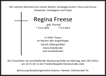 Traueranzeige von Regina Freese von Deister- und Weserzeitung