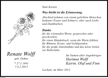 Traueranzeige von Renate Wolff von Deister- und Weserzeitung
