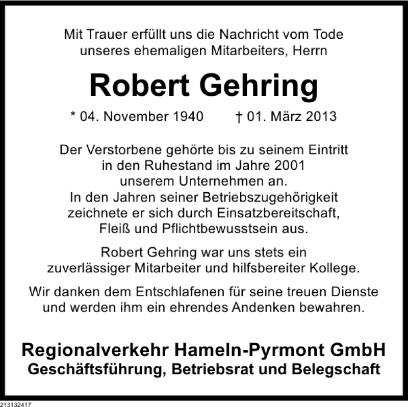  Traueranzeige für Robert Gehring vom 06.03.2013 aus Deister- und Weserzeitung