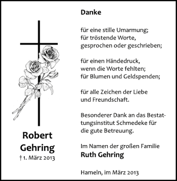 Traueranzeige von Robert Gehring von Deister- und Weserzeitung