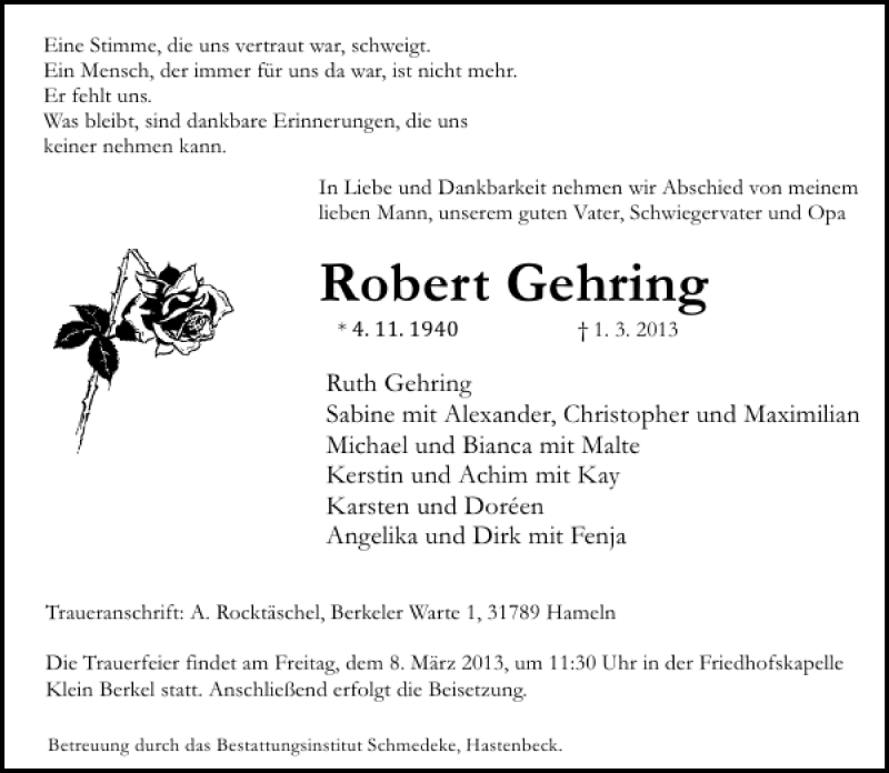  Traueranzeige für Robert Gehring vom 05.03.2013 aus Deister- und Weserzeitung