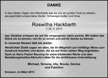 Traueranzeige von Roswita Hackbarth von Deister- und Weserzeitung