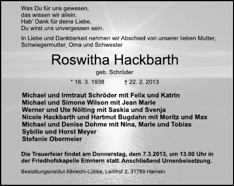  Traueranzeige für Roswitha Hackbarth vom 05.03.2013 aus Deister- und Weserzeitung