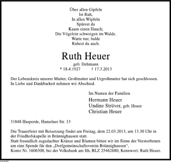 Traueranzeige von Ruth Heuer von Deister- und Weserzeitung
