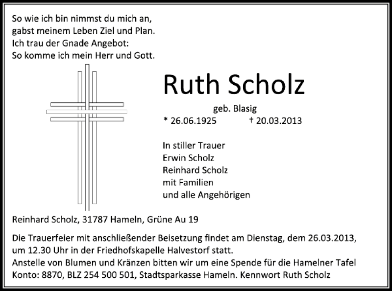  Traueranzeige für Ruth Scholz vom 23.03.2013 aus Deister- und Weserzeitung