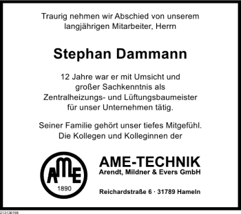 Traueranzeige von Stephan Dammann von Deister- und Weserzeitung