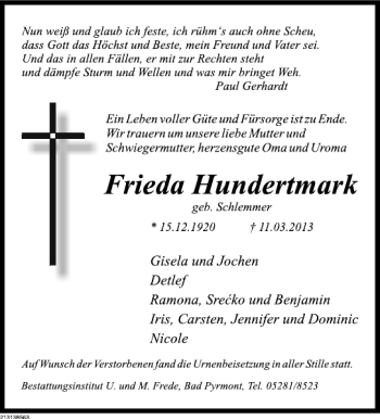 Traueranzeige von TDK Hundermark von Deister- und Weserzeitung