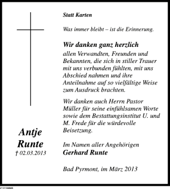 Traueranzeige von TDK Runte von Deister- und Weserzeitung