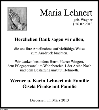 Traueranzeige von TD Maria Lehnert von Deister- und Weserzeitung