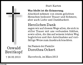 Traueranzeige von TD Oswald Breitkopf von Deister- und Weserzeitung