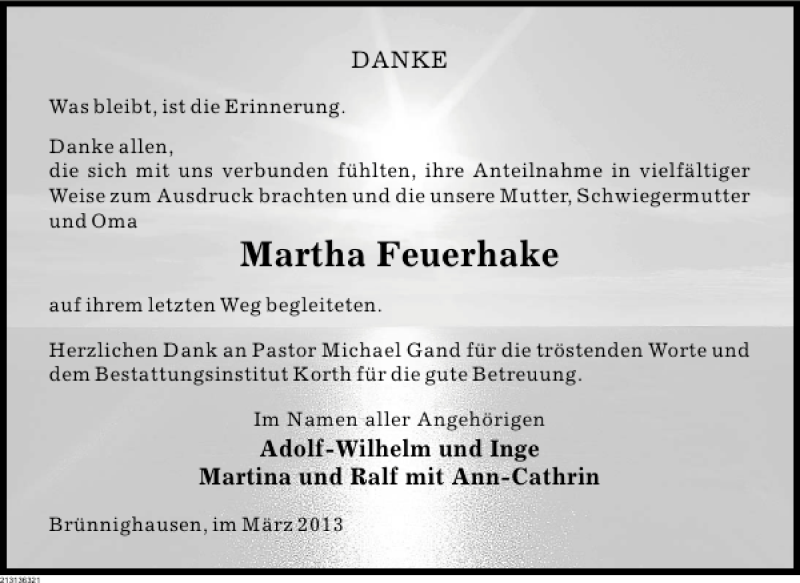  Traueranzeige für TRDK Martha Feuerhake vom 16.03.2013 aus Deister- und Weserzeitung