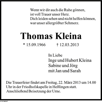 Traueranzeige von Thomas Kleina von Deister- und Weserzeitung