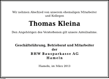Traueranzeige von Thomas Kleina von Deister- und Weserzeitung