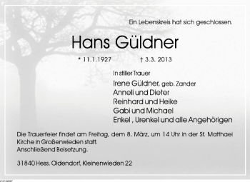 Traueranzeige von Trauer Hans Güldner von Deister- und Weserzeitung