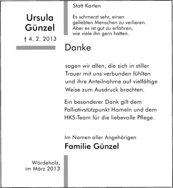 Traueranzeige von Ursula Günzel von Deister- und Weserzeitung