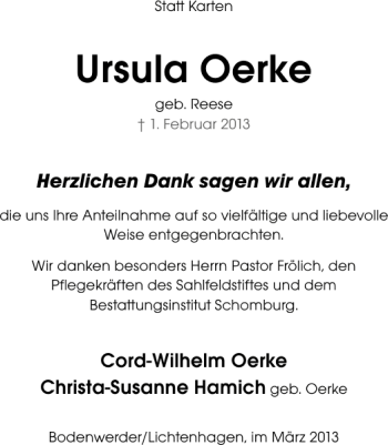 Traueranzeige von Ursula Oerke von Deister- und Weserzeitung