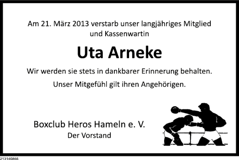  Traueranzeige für Uta Arneke vom 27.03.2013 aus Deister- und Weserzeitung