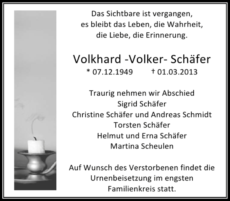  Traueranzeige für Volkhard Volker Schäfer vom 09.03.2013 aus Deister- und Weserzeitung