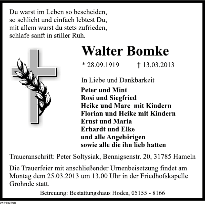  Traueranzeige für Walter Bomke vom 20.03.2013 aus Deister- und Weserzeitung