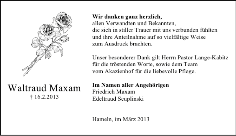  Traueranzeige für Waltraud Maxam vom 09.03.2013 aus Deister- und Weserzeitung