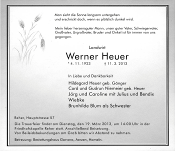 Traueranzeige von Werner Heuer von Deister- und Weserzeitung