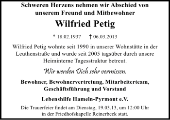 Traueranzeige von Wilfried Petig von Deister- und Weserzeitung