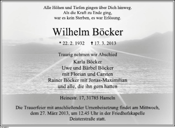 Traueranzeige von Wilhelm Böcker von Deister- und Weserzeitung
