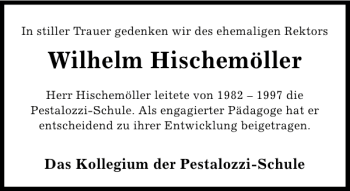 Traueranzeige von Wilhelm Hischemöller/Pestalozz von Deister- und Weserzeitung