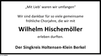Traueranzeige von Wilhelm Hischemöller von Deister- und Weserzeitung