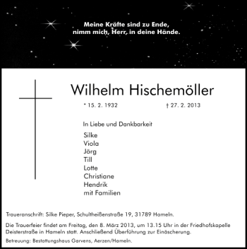 Traueranzeige von Wilhelm Hischemöller von Deister- und Weserzeitung